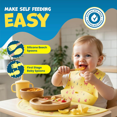Set 8 Set Bamboo & Silicone Baby Feeding PCS | Baby Led Weaning Supplies Self Feeding | Divided Suction Plate Bowl Bib