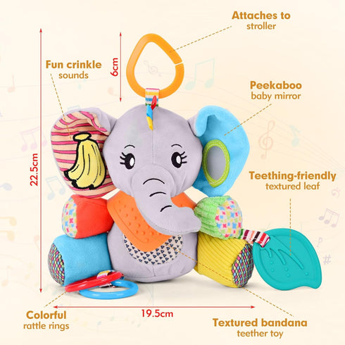 JiffyJolt 0-12 30 Baby Toys Months Elephant with Detachable Touch-Sensitive Sound Box, Sounds, Removable Bib, Teether