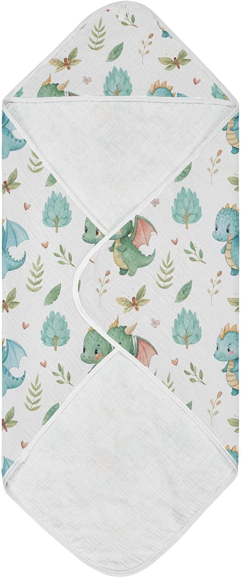 Burbuja 30x30 Cute Dragon Baby Bath Towel - Soft Absorbent Muslin Cotton Hooded Towel for Newborn Infant Toddler