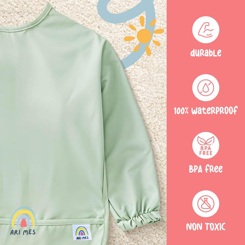 6-72 ARI MES Waterproof Long Sleeve Baby Bib for Eating-Dinosaur Pattern, Small-Toddler Smock with Catch-All Pocket