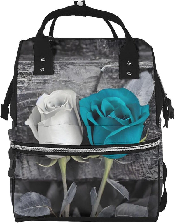 DWVTSLH Teal Gray Rose Diaper Bag Backpack Multifunction Nappy Bags Waterproof Mummy Backpack