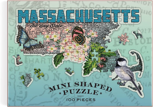 Galison - Massachusetts Mini Shaped Puzzle - 100 Jigsaw Pieces - Art by Wendy Gold - Great Gift!