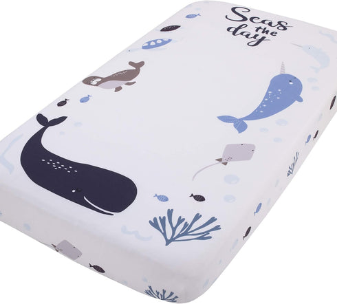 NoJo Seas The Day Fitted Crib Sheet - Multi Sea Animals Blue and White, 100% Cotton Photo Op