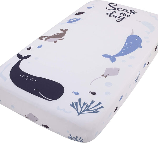 NoJo Seas The Day Fitted Crib Sheet - Multi Sea Animals Blue and White, 100% Cotton Photo Op