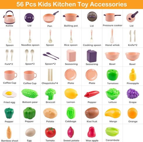 56Pcs Playset 2 Sets, Mini Play Kitchen Accessories for Kids, Pretend Cooking with Cookware, Tableware & Fruit Learning