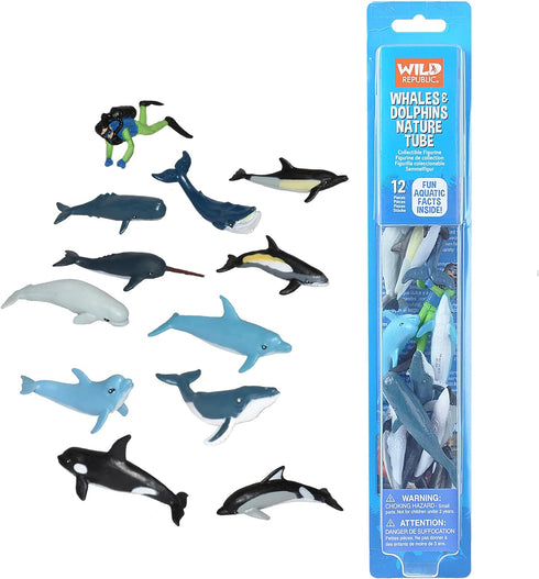 Wild Republic Whales and Dolphins Tube, Bottlenose, Spotted, White-sided Dolphins, Narwhal, Orca,