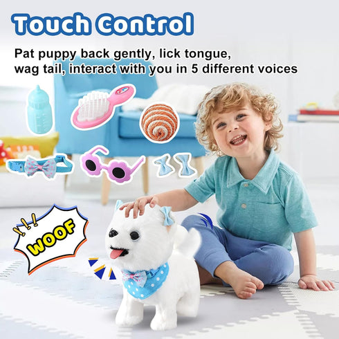 Ylpaprm Samoyed Walking Barking Toy Dog Puppy Toy for Girl Licking Doggy with Leash, Electric Talking Singing Tail Wag