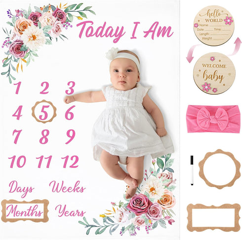 Floral Baby Milestone Blanket for Baby Girls Flannel Newborn Infant Swaddle Baby