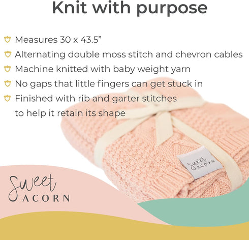 Organic Cotton Knit Baby Blanket, Cable Pattern, Dahlia Pink - Perfect for Crib or Stroller