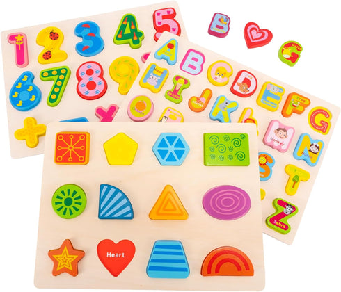 Wooden Alphabet Number Shape Learning Puzzles for Toddlers, 3 in 1 ABC Letter Puzzle Board Set for Ages 3-5 Educational