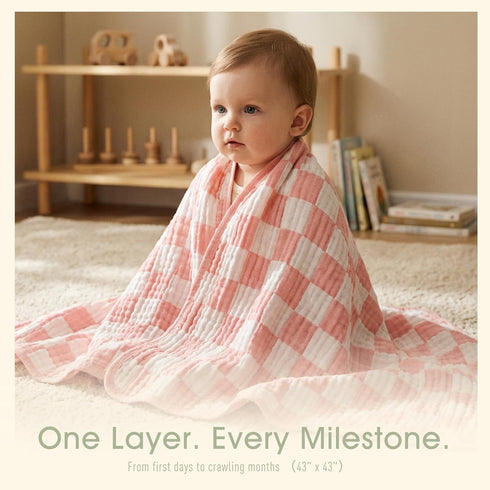 (1-Pack) Ultra-Soft Muslin Baby Blanket - Swaddle & Crib for Girls, Pink Checkered