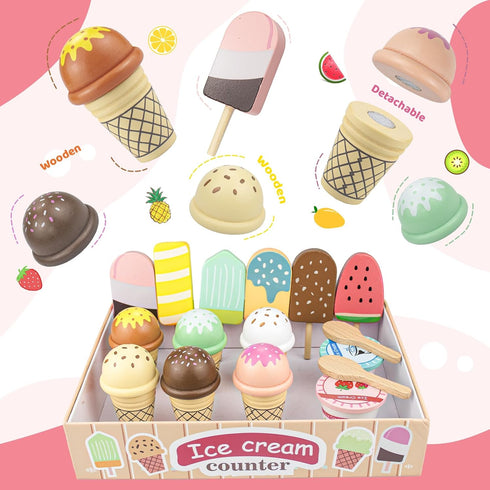 Minnot 32 Set Counter 3 4 5 6 7 8 Wooden Ice Cream Toys pcs Pretend Ice Cream Play with Scooper, Menu, Fake Money