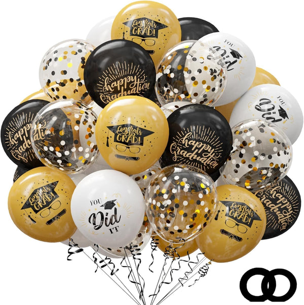 75 Pack Graduation Party Decorations, 12 Inch Black Gold Balloons with Balloon Ribbons for Graduation Party Supplies