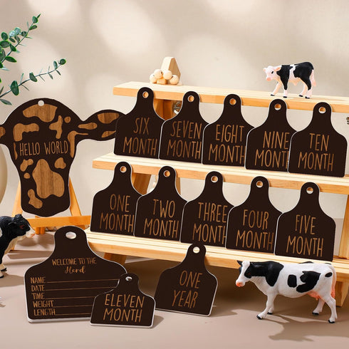Maitys 14 Pieces Cow Baby Monthly Milestone Cards Rustic Wooden Ornament Herd Signs Cattle Newborn Photography Props