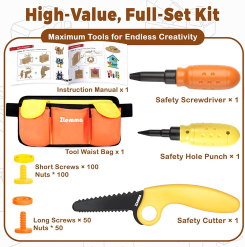 124-Pieces Cardboard Construction Tools Kit with Waist Bag, Safety Ring Saw, Screwdriver, Waist Bag and Gift Box Safe