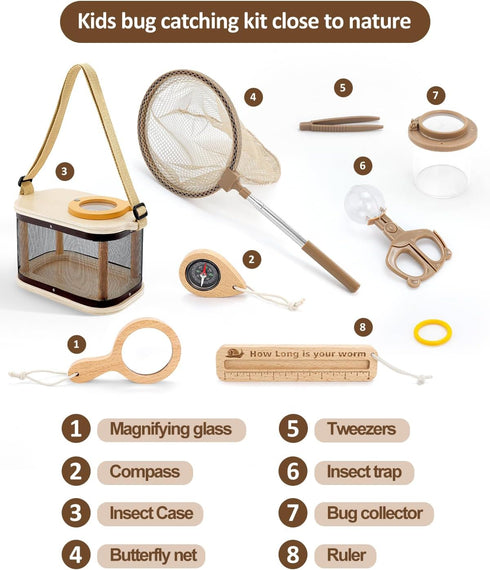 Set 312, Wooden Bug Catcher Kit for Kids, Outdoor Explorer Nature Discovery with Butterfly Net, Bug Habitat