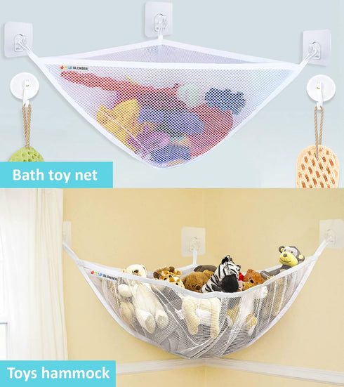 Mesh Bath Toy Holder - Kids Bath Toy Net for Tub, Corner Storage Bin, Shower Caddy with Suction Cup Hooks