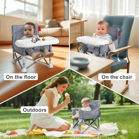 6M-3Y, Tiny Marvels Portable Booster Seat, Foldable Baby High Chair with Removable Tray, Safety Harness & Carry Bag