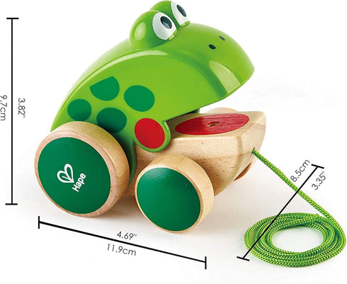 Frog Pull-Along by Hape | Wooden Frog Fly Eating Pull Toddler Toy, 4.6 x 3.3 x 3.8 inches, Green