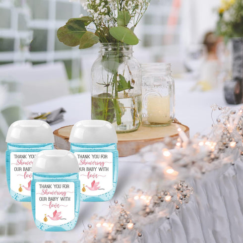EKSPLODI Hand Sanitizer Labels Thank You for Showering Our Little One with Love Stickers, Baby Shower Favor Stickers