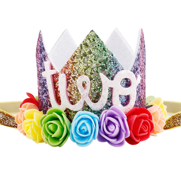 Baby Girl Glitter 1 2 3 First Birthday Rainbow Flower Crown Hat Floral Tiara Headband
