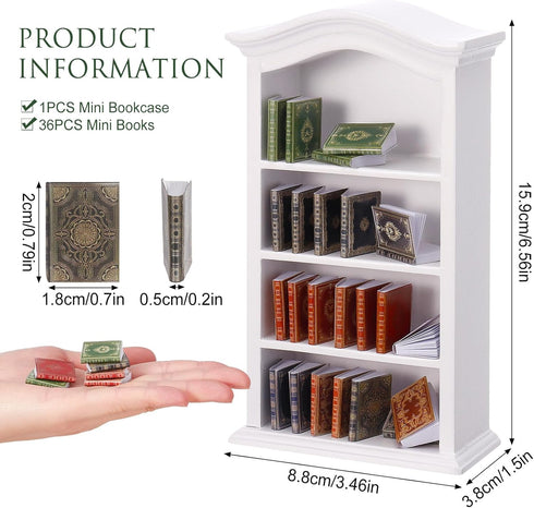 36 1:12 1 Bookcase,4 Pcs Scale Miniatures Dollhouse Books and White Wooden Floors Furniture Display Bookshelf Cabinet