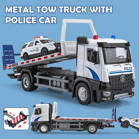 12.5" HAPYAD Police Tow Truck Toy Metal Cab, Flatbed Tow Truck Toys for Boys with Lights and Siren Sounds, Friction