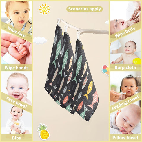 YETTASBIN 4 5 Pack Fish Muslin Baby Hand Washcloths, Soft Cotton Bath Face Towel, Layers Extra Absorbent Feeding Burp