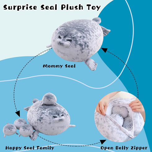 Chubby Blob Seal Pillow, Cute Seal Plush with 4 Baby Seal Plushies, Soft Cotton Stuffed Animals for Kids