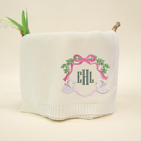 Personalized Floral Swan Baby Girl Blanket with Monogram Embroidery, Custom Name Knit Blanket, Elegant Nursery Decor