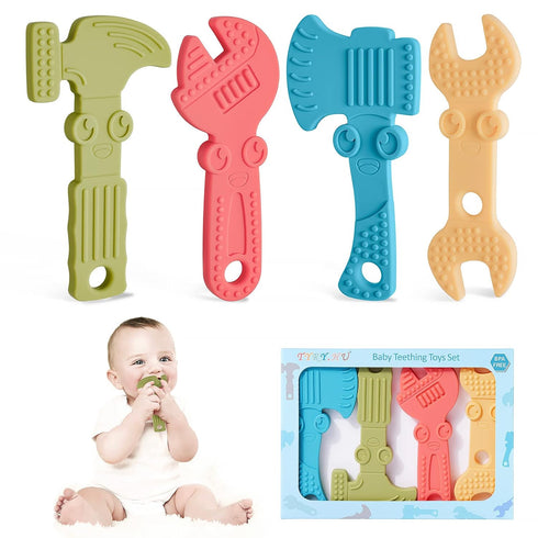 TYRY.HU Baby Teething Toys for 0-6 & 6-12 Months, BPA-Free Silicone Molar Chew Toys, 4 Packs (Hammer Wrench Design)