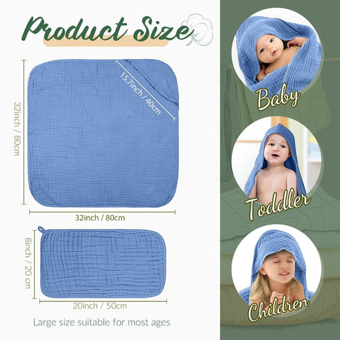 VitalCozy 12 (32 32 Inch,Cool Pcs Baby Muslin Hooded Bath Towels and Washcloths Muslin Cotton Hooded Baby Towels