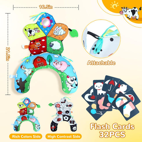 Tummy Tummy Tummy 0-12 Time Pillow, High Contrast Time Mat with Black & White Flash Cards, Double-Sided Time Cushion