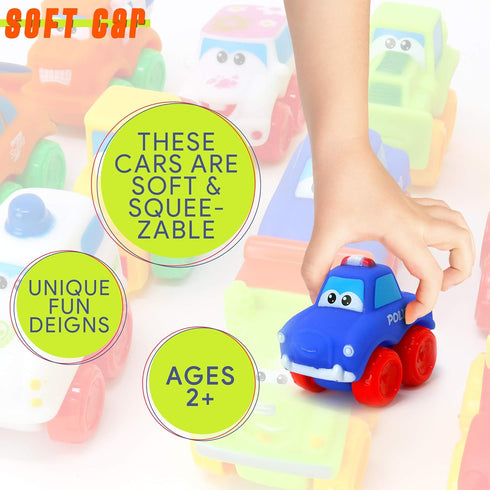 Big Mo's Toys Baby Cars, Soft Rubber Toy Car Set, Small Vehicles for Babies and Toddlers, 12 Pieces