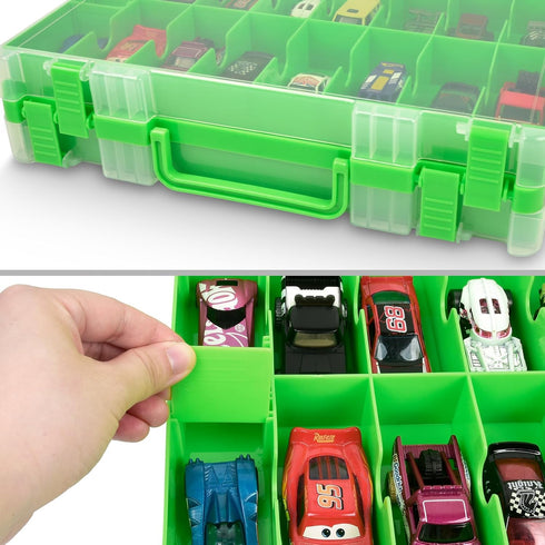 ALCYON Double Sided Toy Storage Organizer Case for Hot Wheels, Matchbox Cars, Mini Toys, Small Dolls, 48 Compartments -