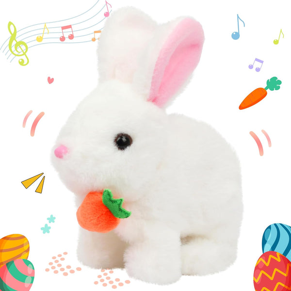 Hopearl Interactive Electronic Pet Plush Bunny - Hopping Rabbit with Carrot, Sounds, Movements for Toddlers, White, 7''
