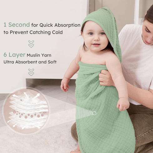 2 Pack 100% 32x32Inch, Looxii Baby Bath Towels Muslin Hooded Baby Towels for Newborn and Infants, Cotton, Large Soft