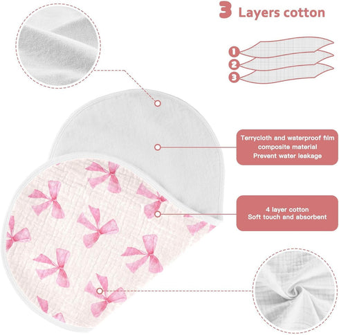 Burbuja 4 Pack Pink Bow Muslin Baby Burp Cloths, Soft & Absorbent Cotton Burping Rags for Newborn Boys & Girls