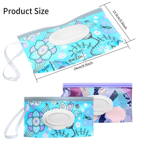 Baby Wipes Dispenser, 2 Pcs Travel Baby Wipe Holder, Refillable Baby Wet Wipe Pouch, Reusable Baby Wipes Container, Portable Baby Wipe Dispenser, Wipe Bags for Travel, blue purple Floral