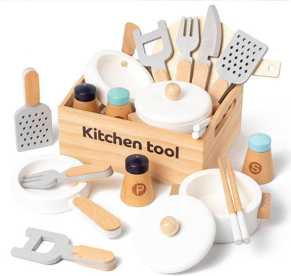 10 PCS Wooden Play Kitchen Toys Utensils Accessories, Pretend Play Pots and