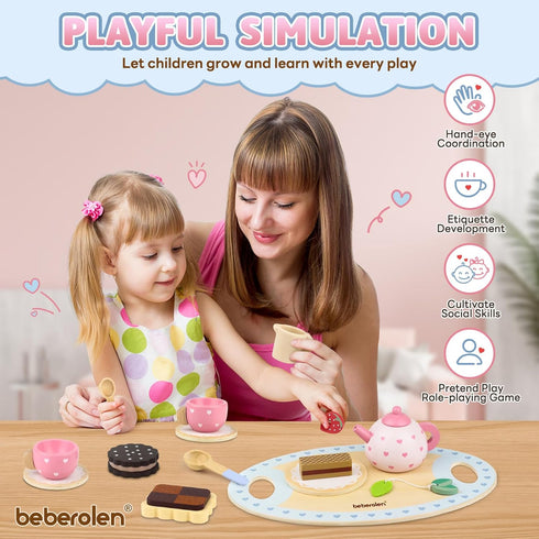 Wooden Tea Set for Little Girls, Birthday Gift for 2-4 Year Old, Play Food Sets for Kids Kitchen Accessories