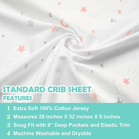 American Baby Company 100% Natural Cotton Fitted Crib Sheet - 52" x 28", Pink Stars and Moons