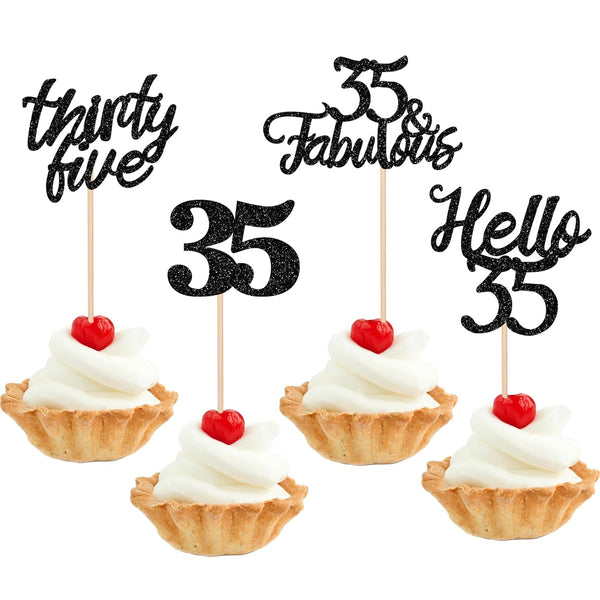 24 PCS 35th Birthday Cupcake Toppers, Hello 35 Cake Topper Thirty Five & Fabulous Cupcake Picks Decorations