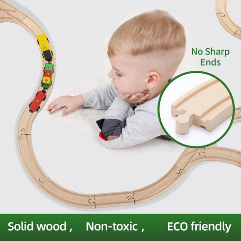 KiToyWod Set 62pcs, Pack 3-10 (62 Wooden Train Track Wood Railway Systems Accessories Expansion with Train + Crane