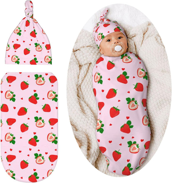 Swaddle Blanket Strawberry Newborn Baby Sleep Sack with Beanie Hat Sets for Boys Girls, Unisex Infant Baby Shower