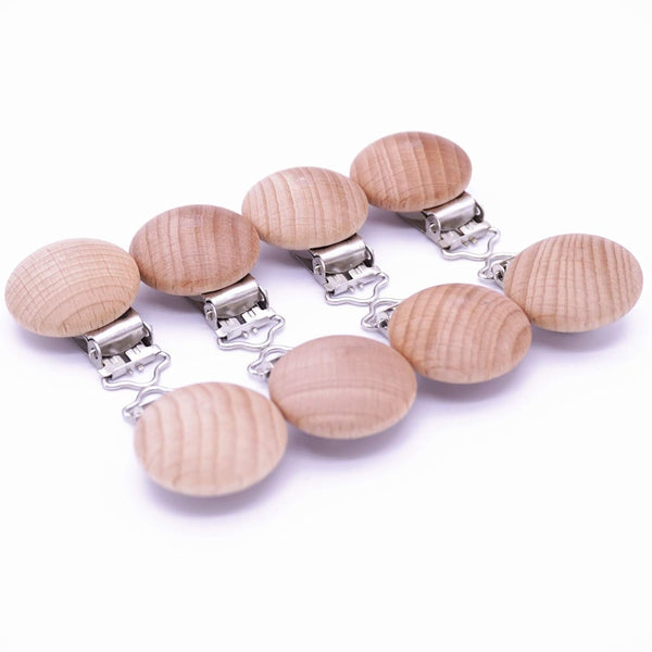 10Pcs 30mm (1.18") Natural Wood Pacifier Holder Round Beech Metal Teether Wooden Beads Suspender Clips DIY Accessories