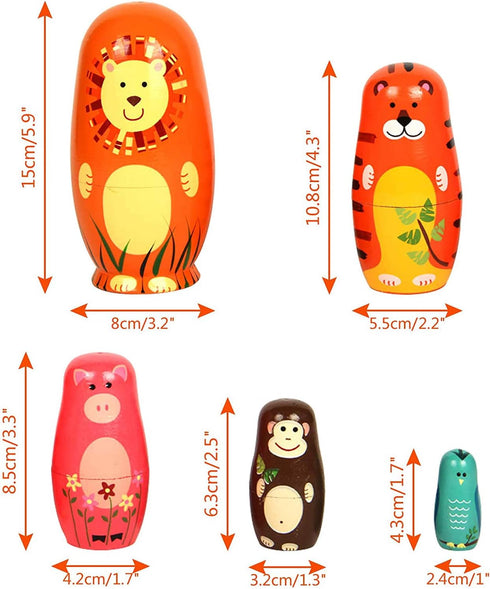Stacking Wooden Handmade Matryoshka Dolls, 5 Piece Cute Cartoon Animal Pattern, Russian Nesting Dolls for Kids (Orange)