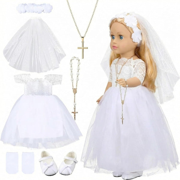 RoundFunny 7 Pcs 18 Inches American Doll Clothes Outfit First Communion Dress with
