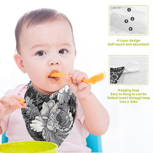 SDMKA 3 Pack 11.8 Inch White Flowers Black Baby Washcloths - Muslin Cotton Face Towels for Baby Newborn Girls and Boys