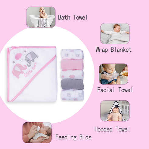 Set, 5 (6 Viviland Baby Towels and Washcloths, Soft Absorbent Pink Baby Bath Towel Elephant Hooded Towels with Infant
